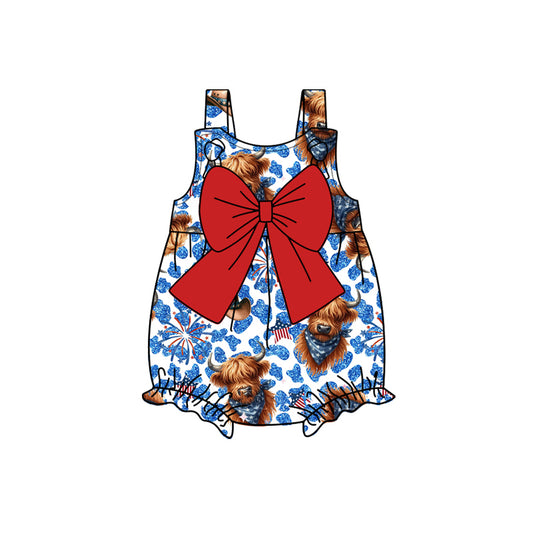 Red bow highland cow firework baby girls 4th of july romper