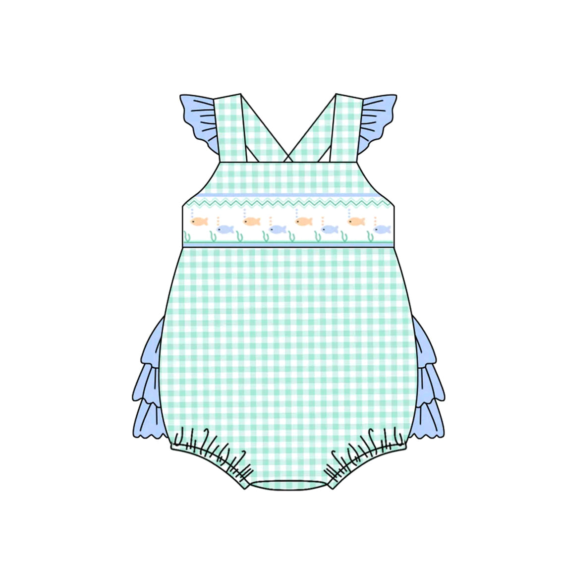 Flutter sleeves light blue ruffle plaid fishing baby girls romper