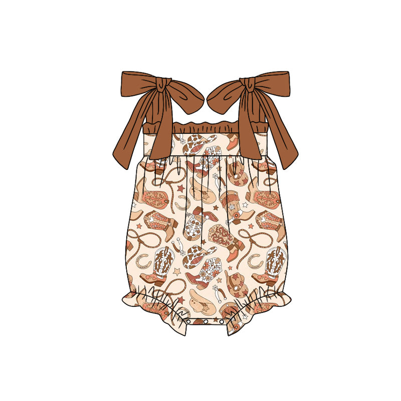 Brown straps boots hat western baby girls romper