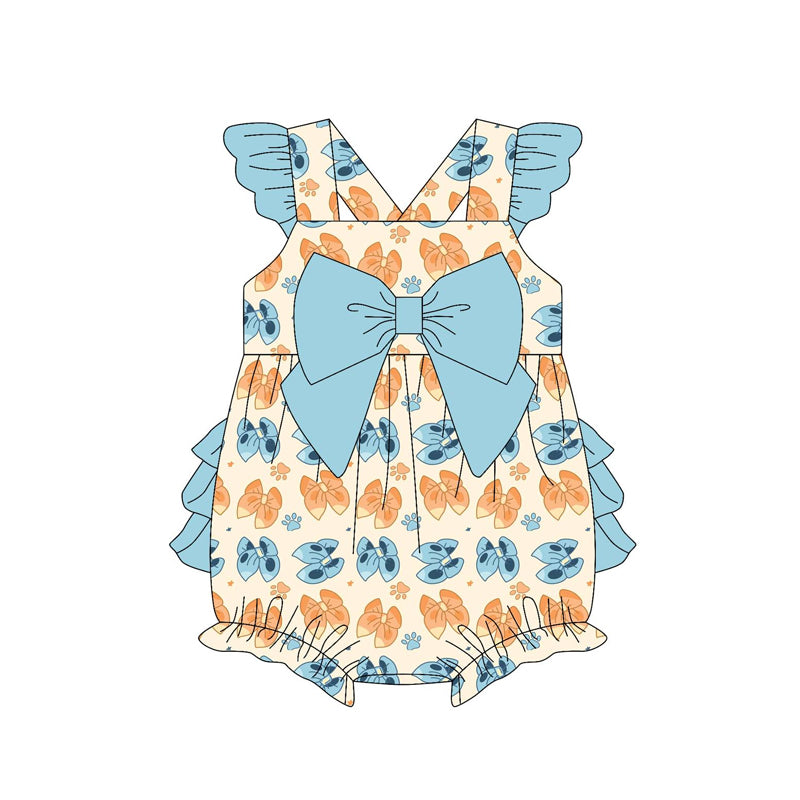 Flutter sleeves blue yellow dog bow baby girls romper
