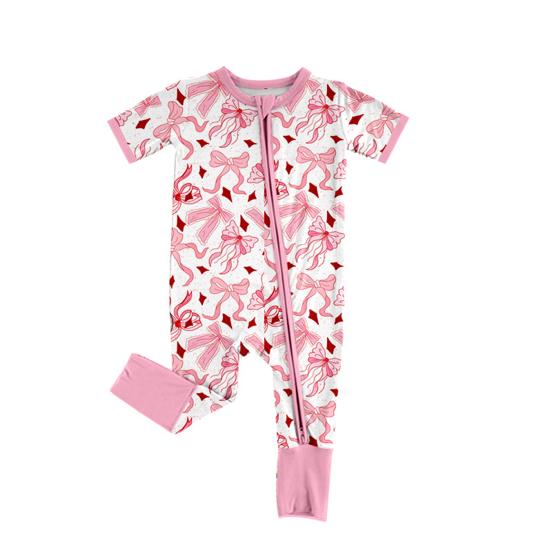 Short sleeves pink bows baby girls zipper romper