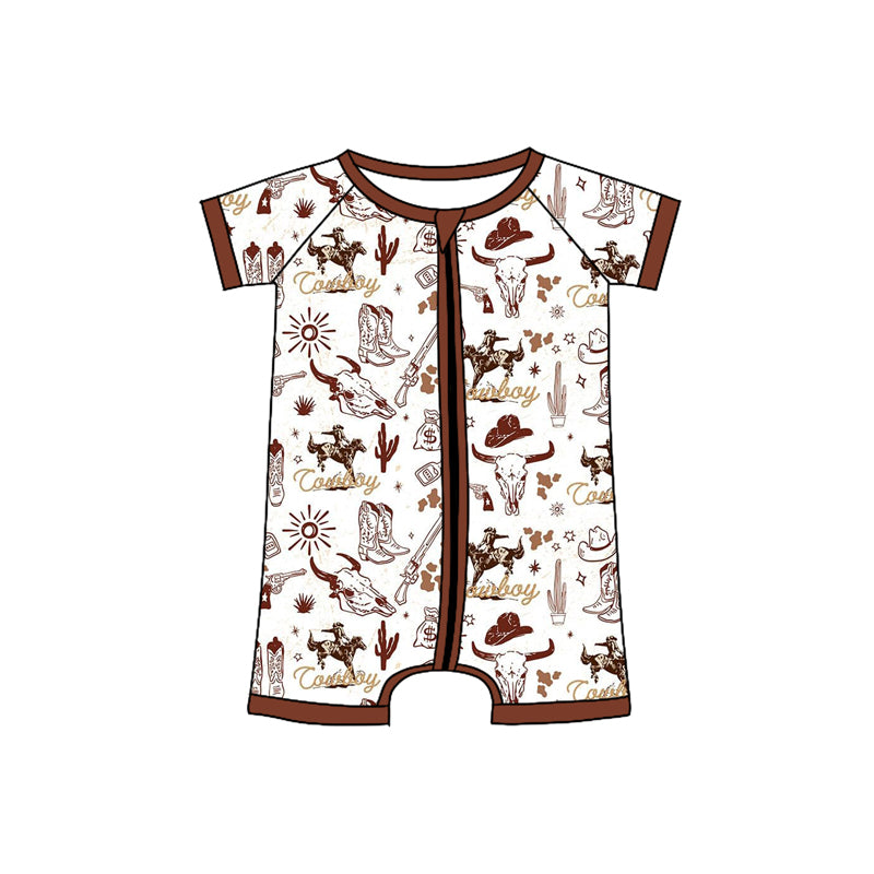 Short sleeves brown cactus rodeo western baby zip romper