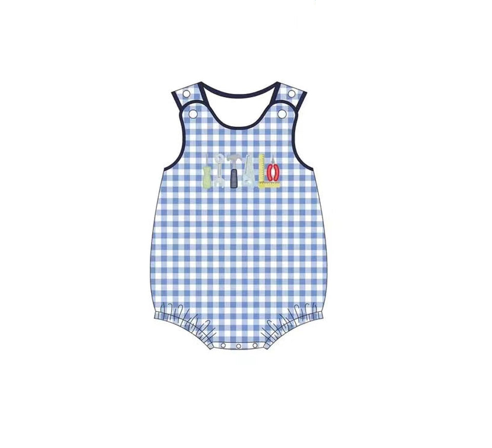 Sleeveless navy plaid tools baby boy summer romper
