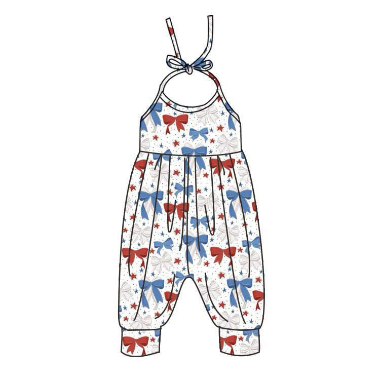 Red blue bow halter kids girls 4th of july jumpsuit