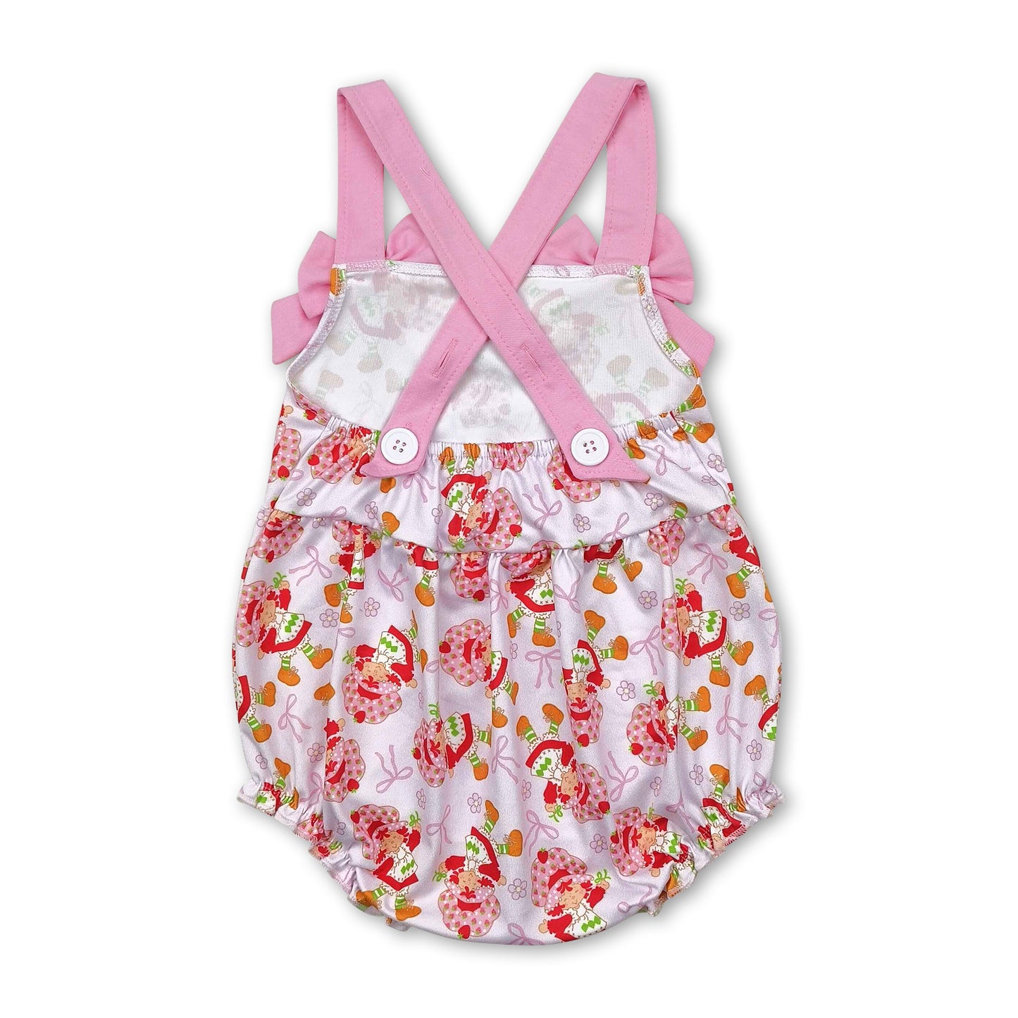 Pink straps strawberry bow baby girls summer romper