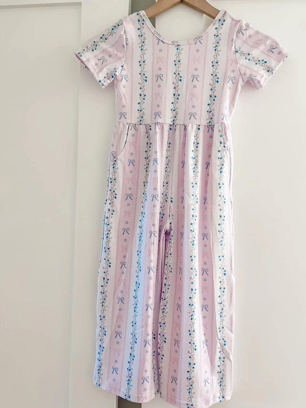 Short sleeves bow floral stripe kids girls jumpsuit