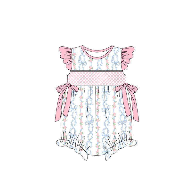 Flutter sleeves floral light blue bow baby girls summer romper