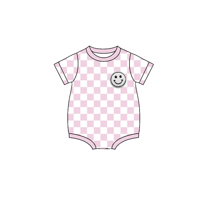 Pink plaid short sleeves smile baby boy summer romper