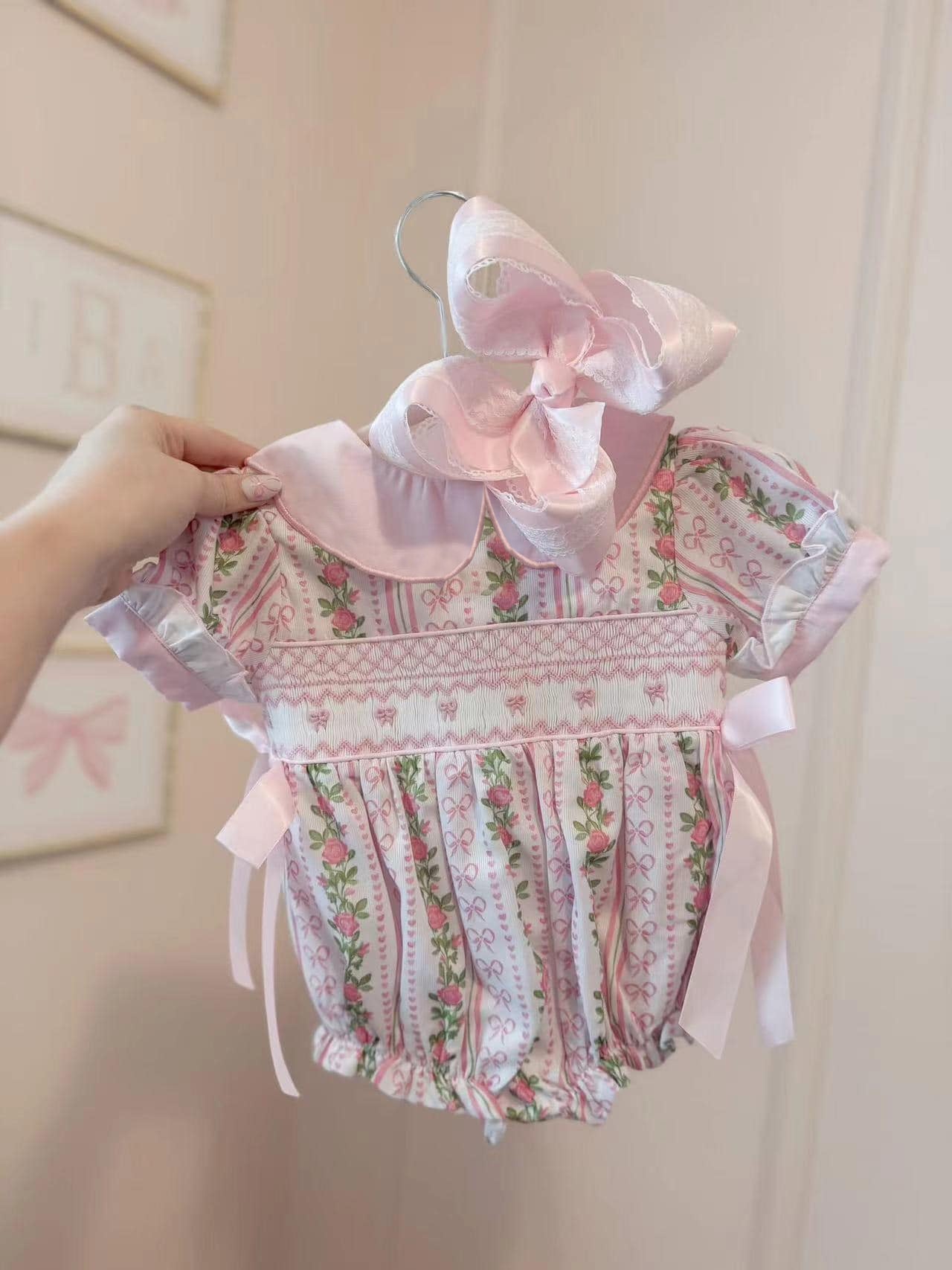 Short sleeves pink bow floral baby girls summer romper