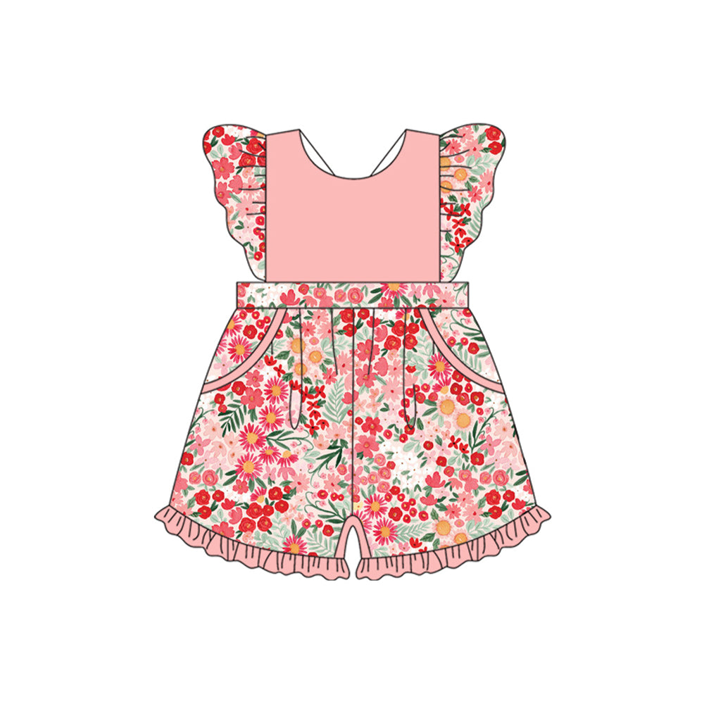 Flutter sleeves peach floral pockets ruffle girls jumpsuit
