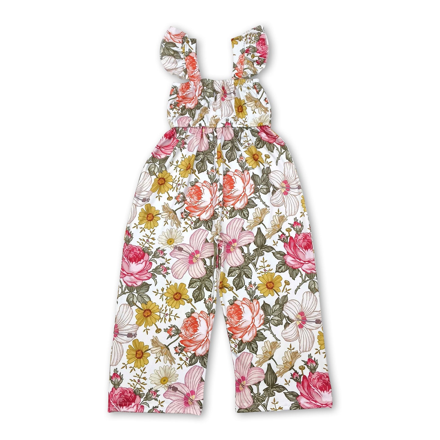 Flutter sleeves pink white floral kids girls summer jumpsuit