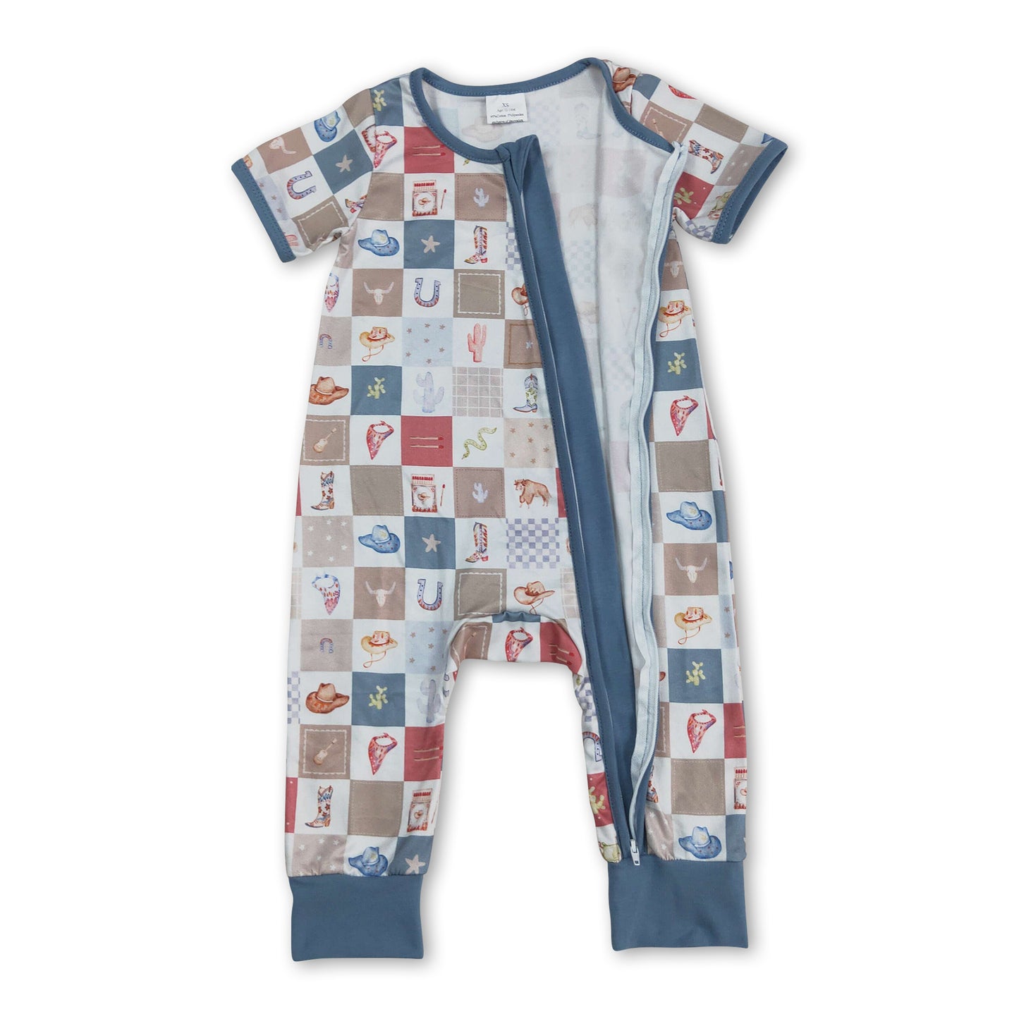 Short sleeves plaid cactus bull skull boy zipper romper