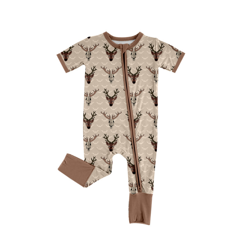 Khaki short sleeves deer baby boy zipper romper