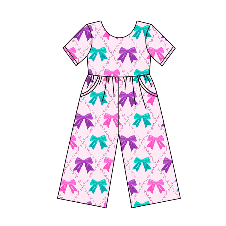 Short sleeves colorful bows kids girls jumpsuit