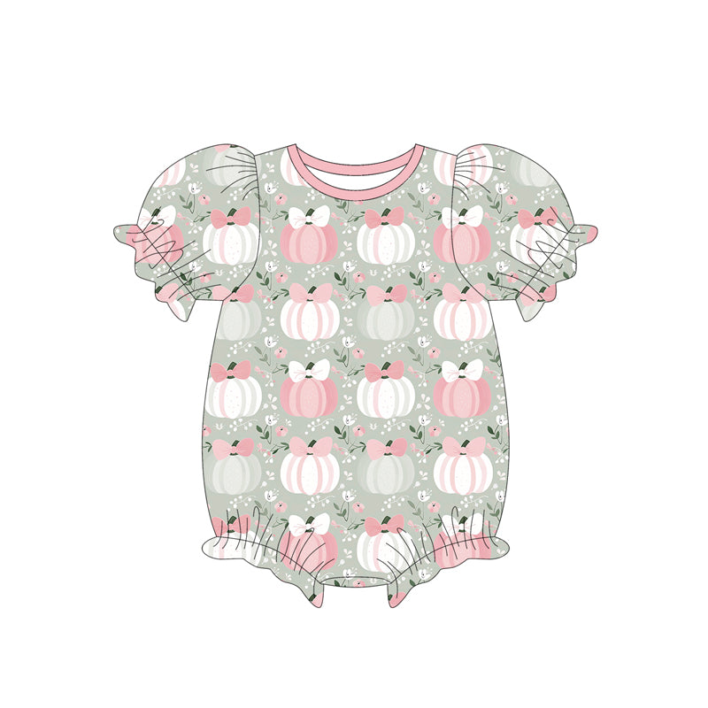 Short sleeves pumpkin bow floral baby girls romper