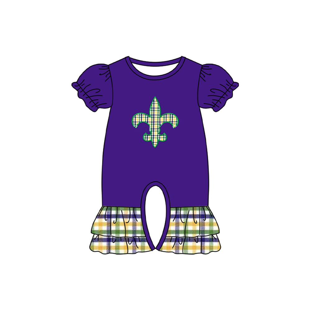 short sleeves purple green yellow plaid baby mardi gras romper