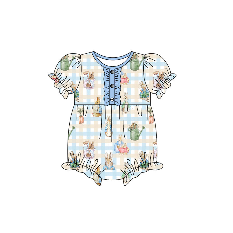 rabbit easter blue plaid baby short sleeve romper