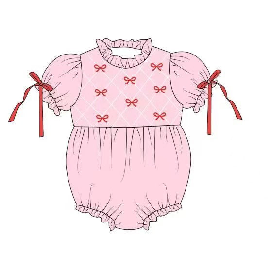 red bows print baby girl pink romper