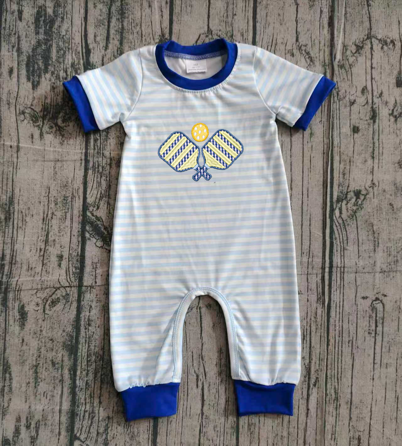 Blue short sleeves stripe pickleball baby boy romper