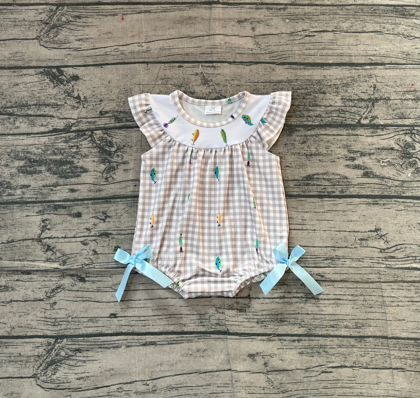 Plaid flutter sleeves fishing baby girls romper