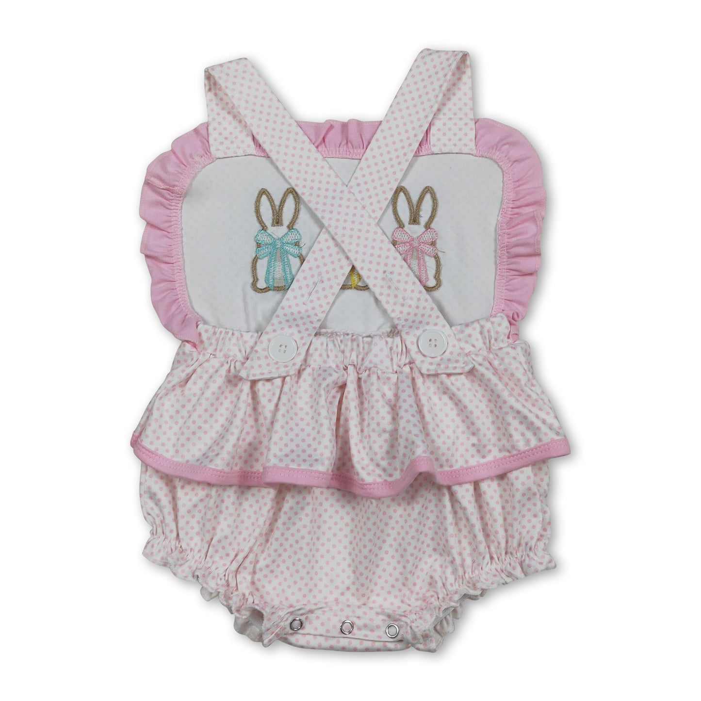 Polka dots bunny bow baby girls embroidery Easter romper