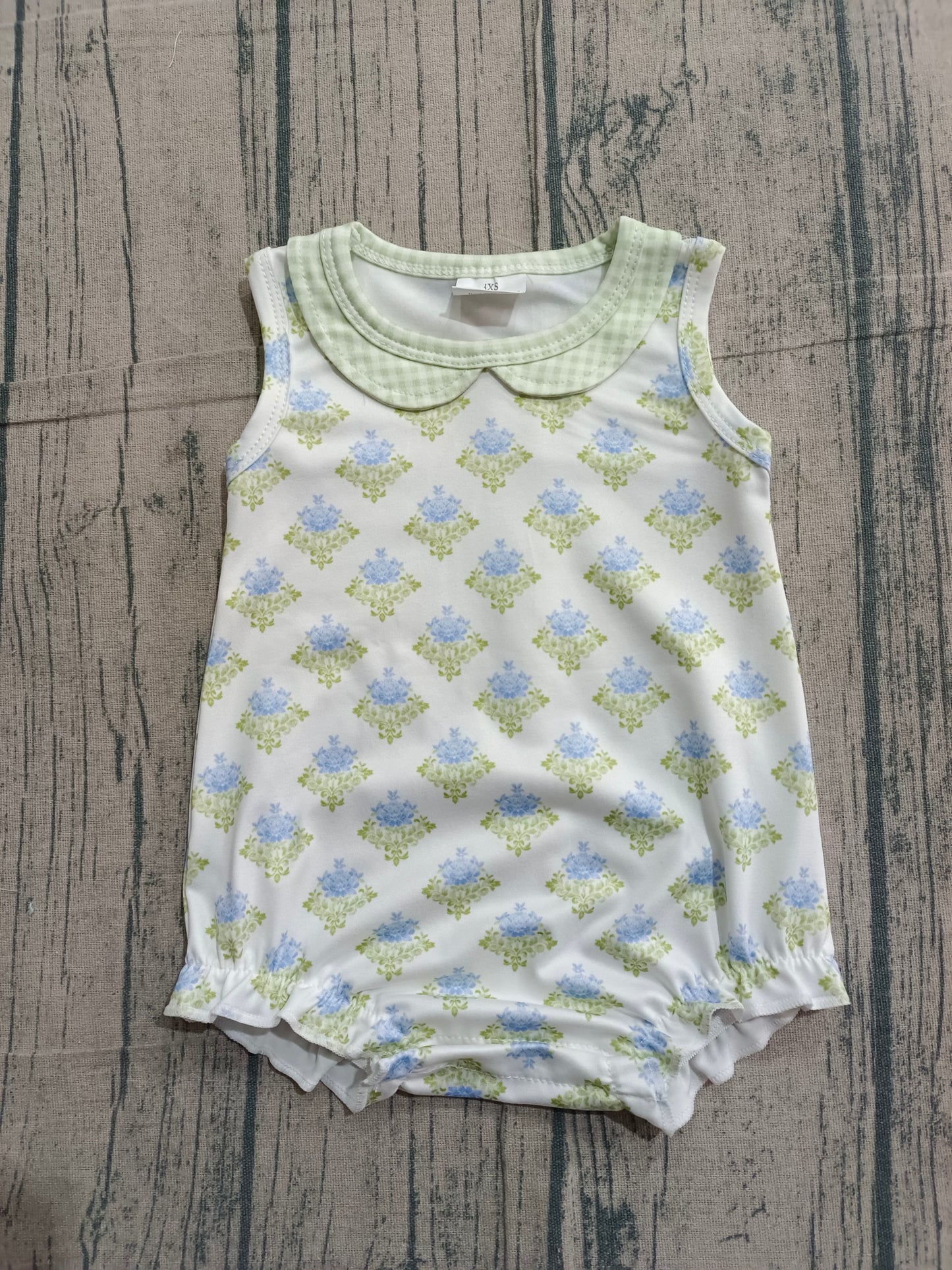 Sleeveless green light blue floral baby girls summer romper