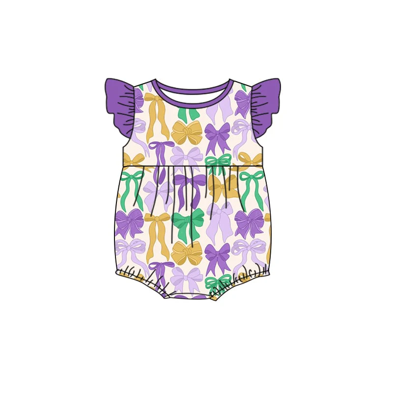 Purple yellow green bow girls Mardi Gras romper