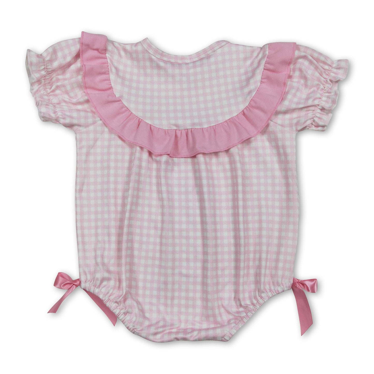 Pink plaid short sleeves chicken bunny baby girl Easter romper