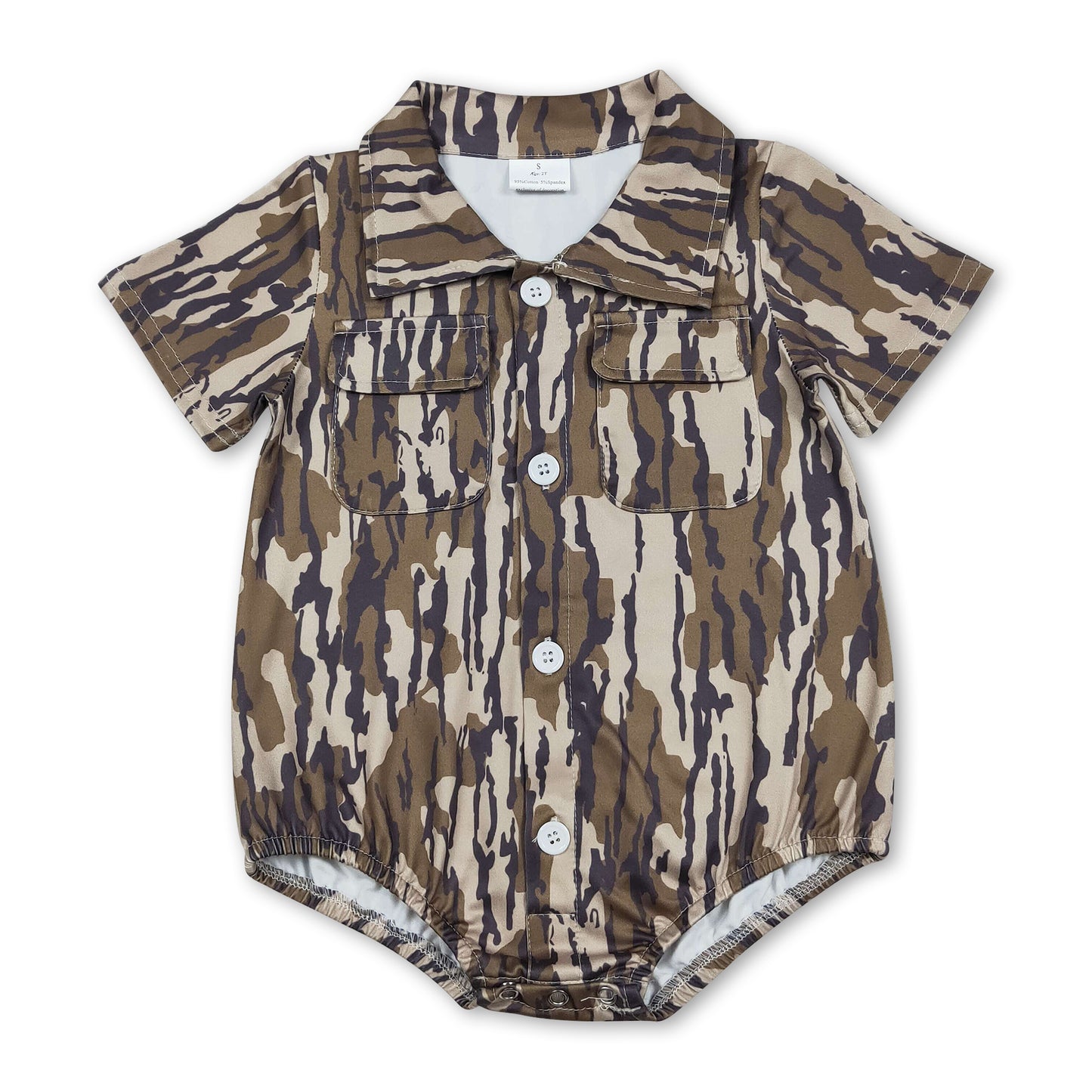 Short sleeves olive camo pockets baby boy button romper