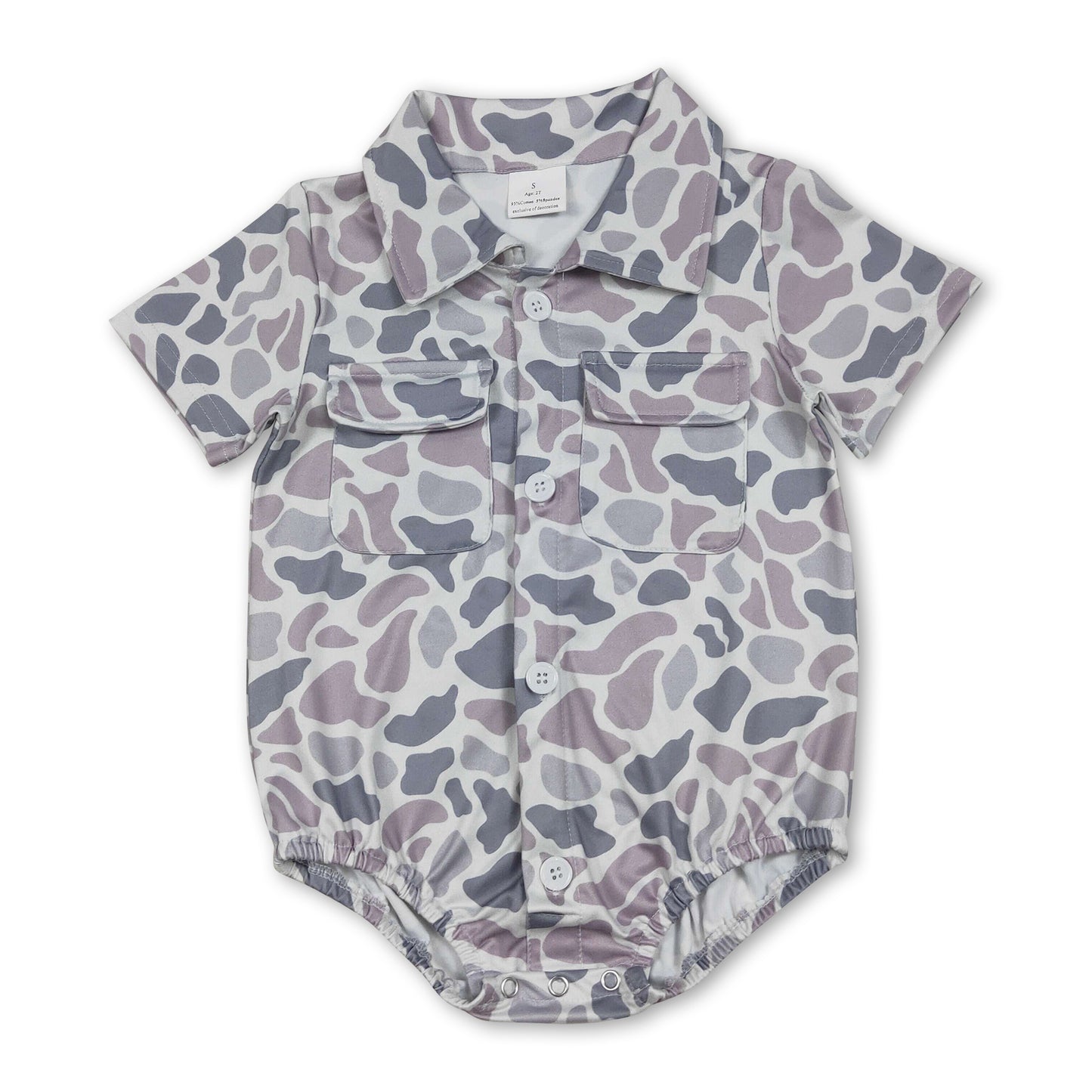Short sleeves grey camo pockets baby boy button romper