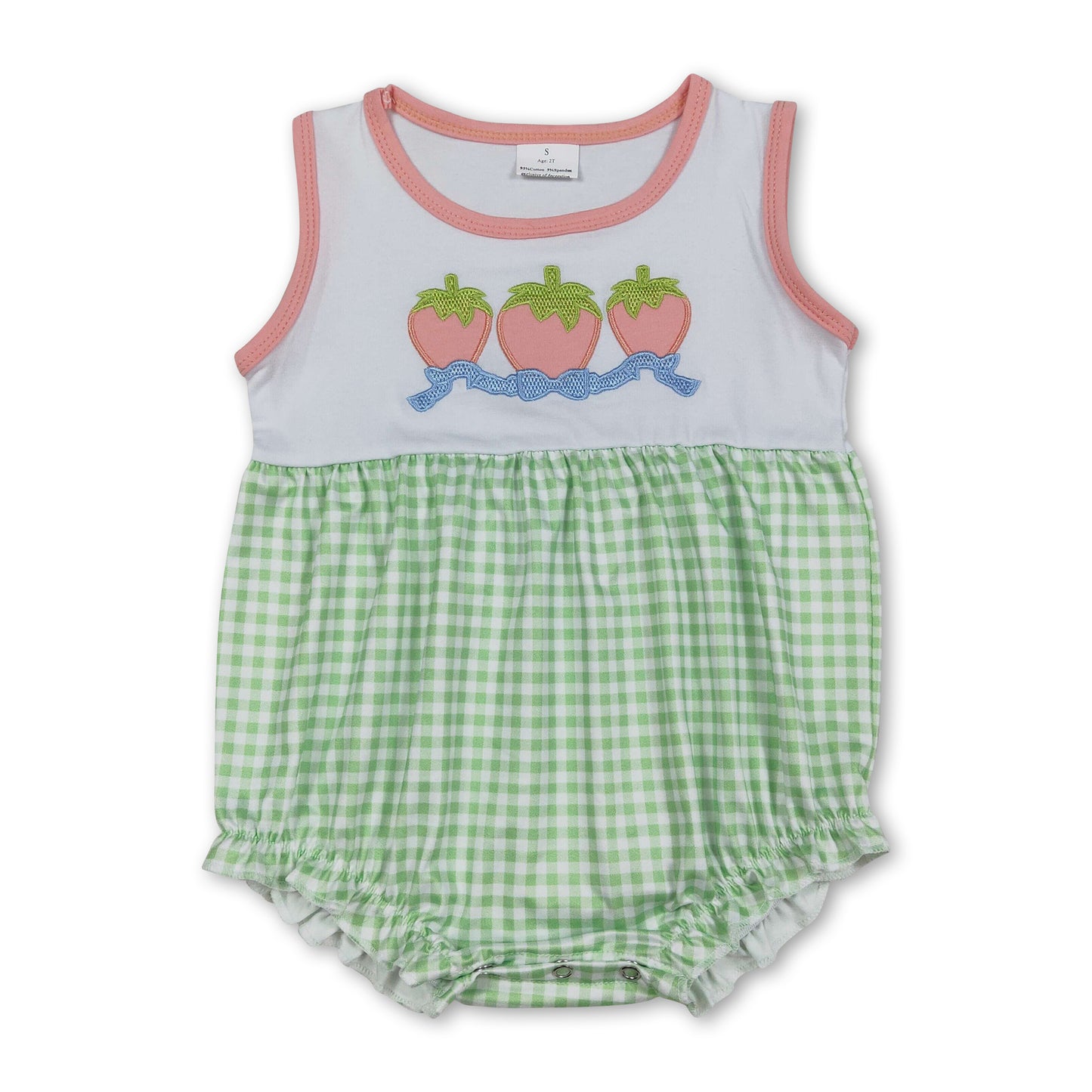 Sleeveless strawberry bow plaid baby girls romper