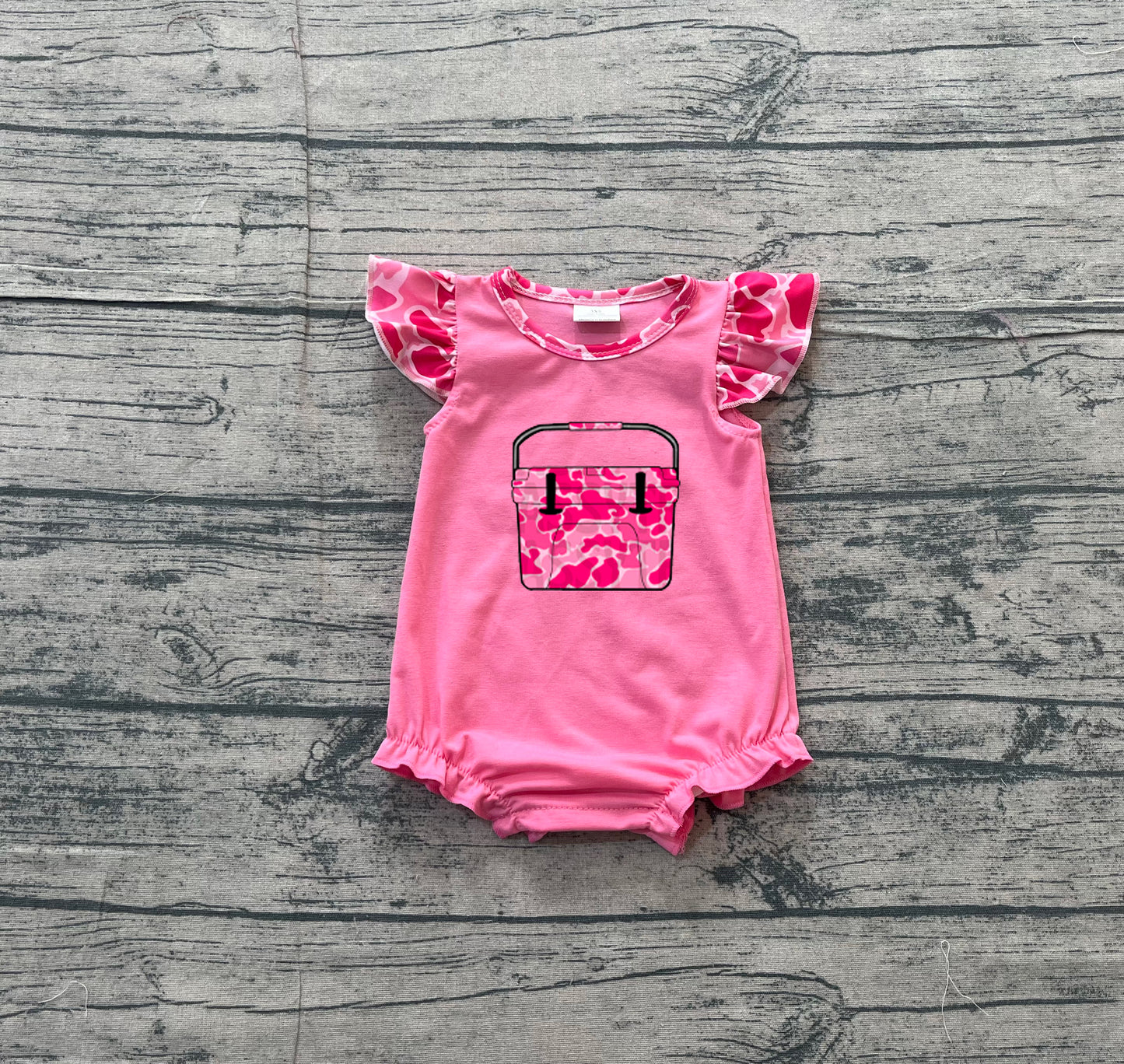 Flutter sleeves camo fishing embroidery baby girl romper