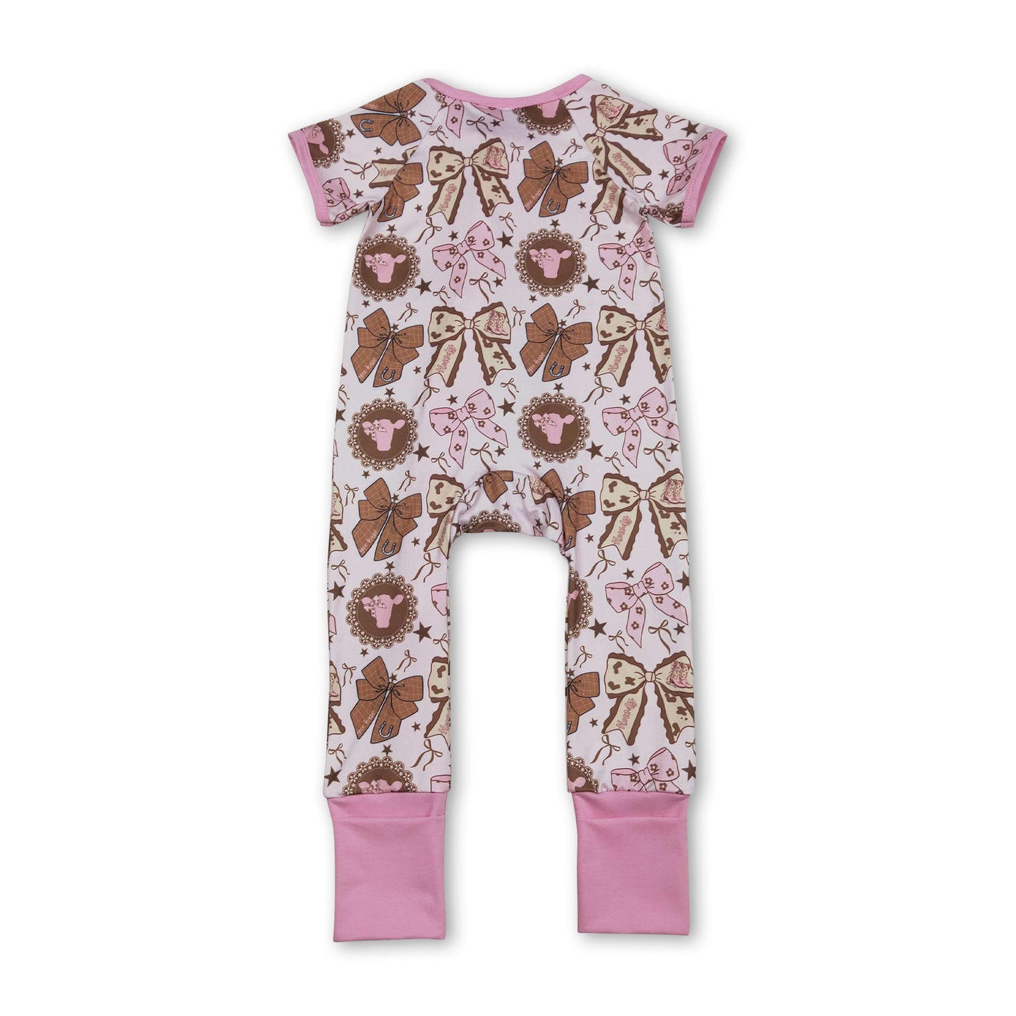 Pink short sleeves bow cow baby girls zipper romper