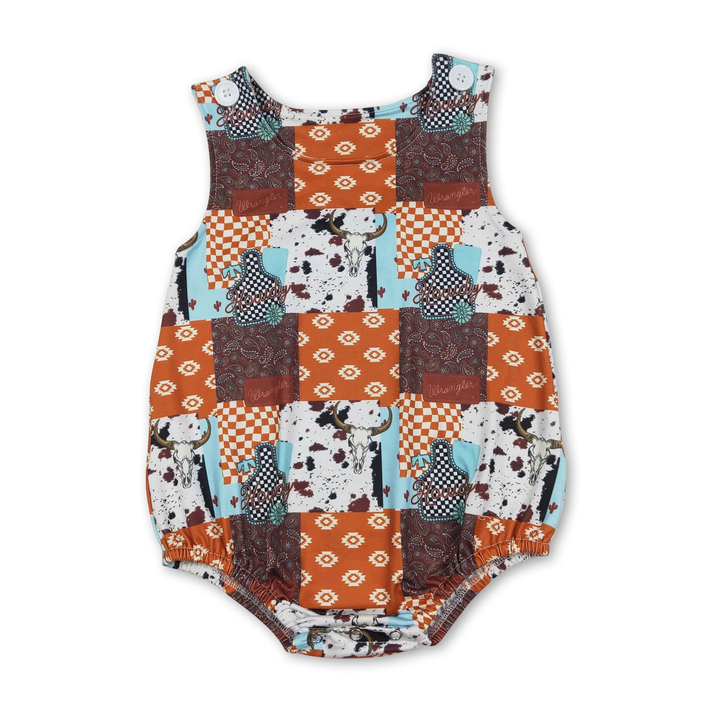 Sleeveless bull skull western baby boy summer romper