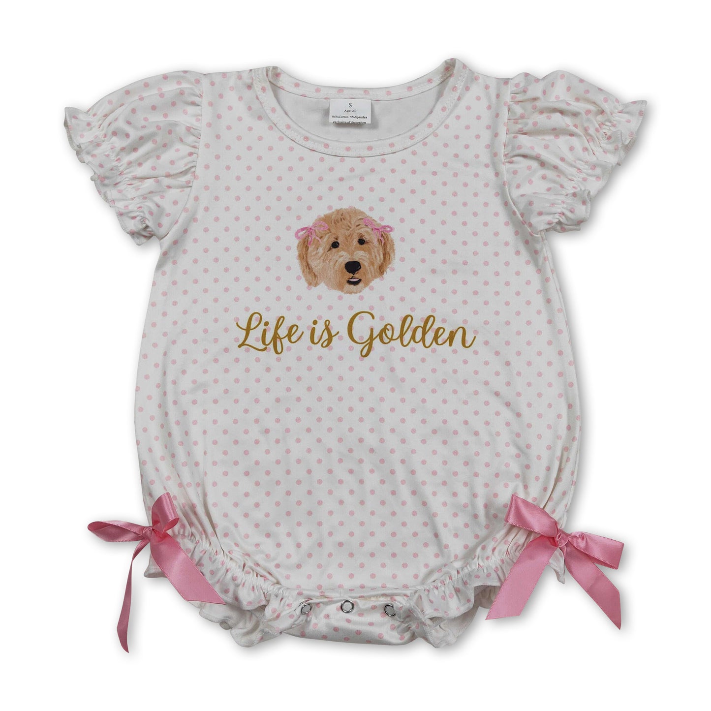 Polka dots life is golden dog bow baby girls romper