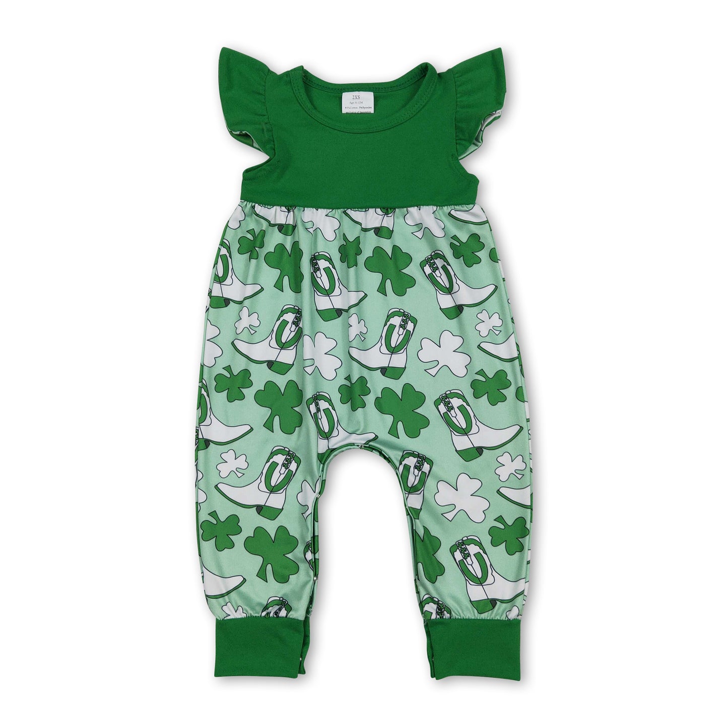 Green flutter sleeves clover boots baby St Patrick's romper