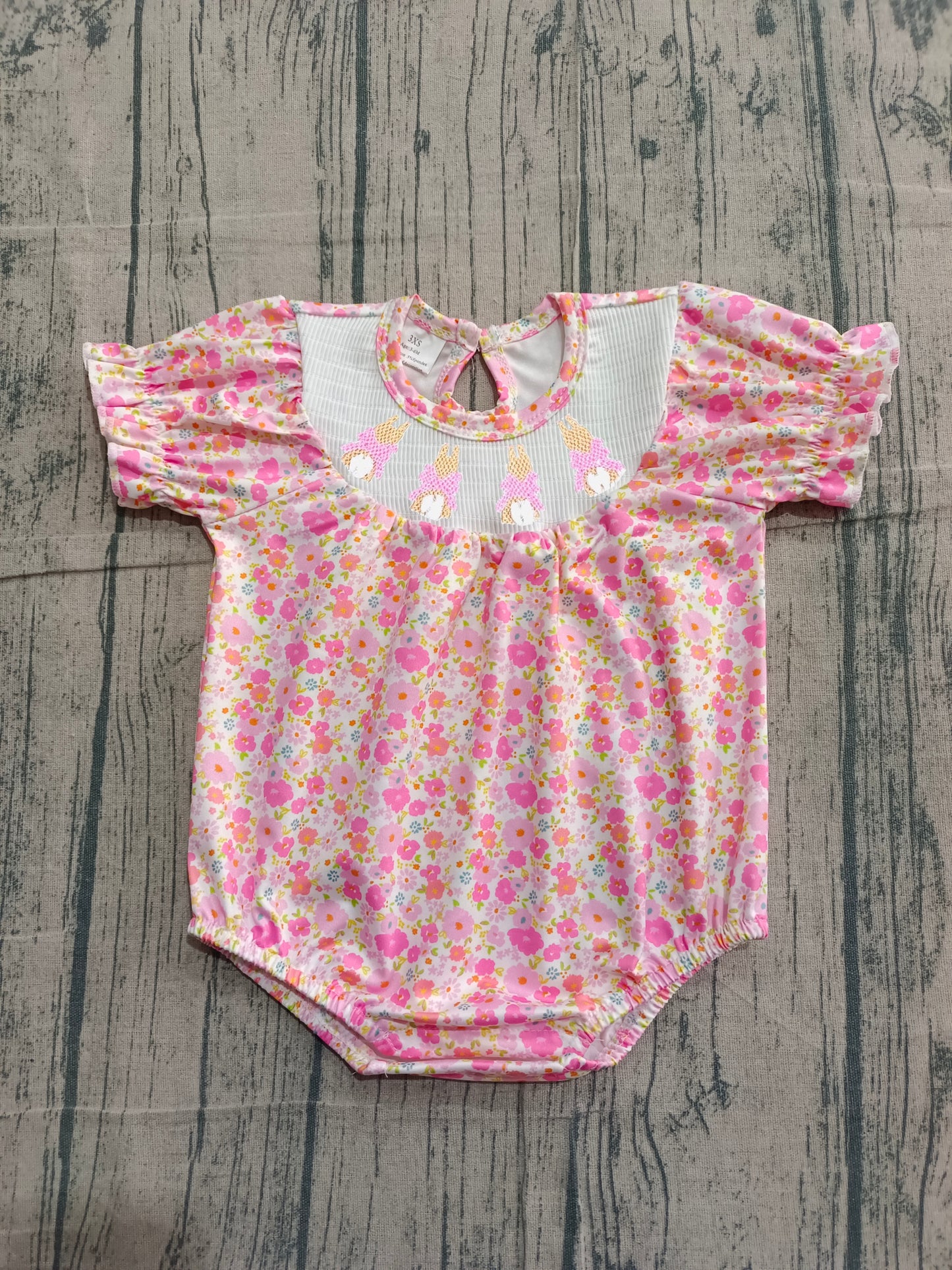 Short sleeves pink floral rabbit smocked baby Easter romper
