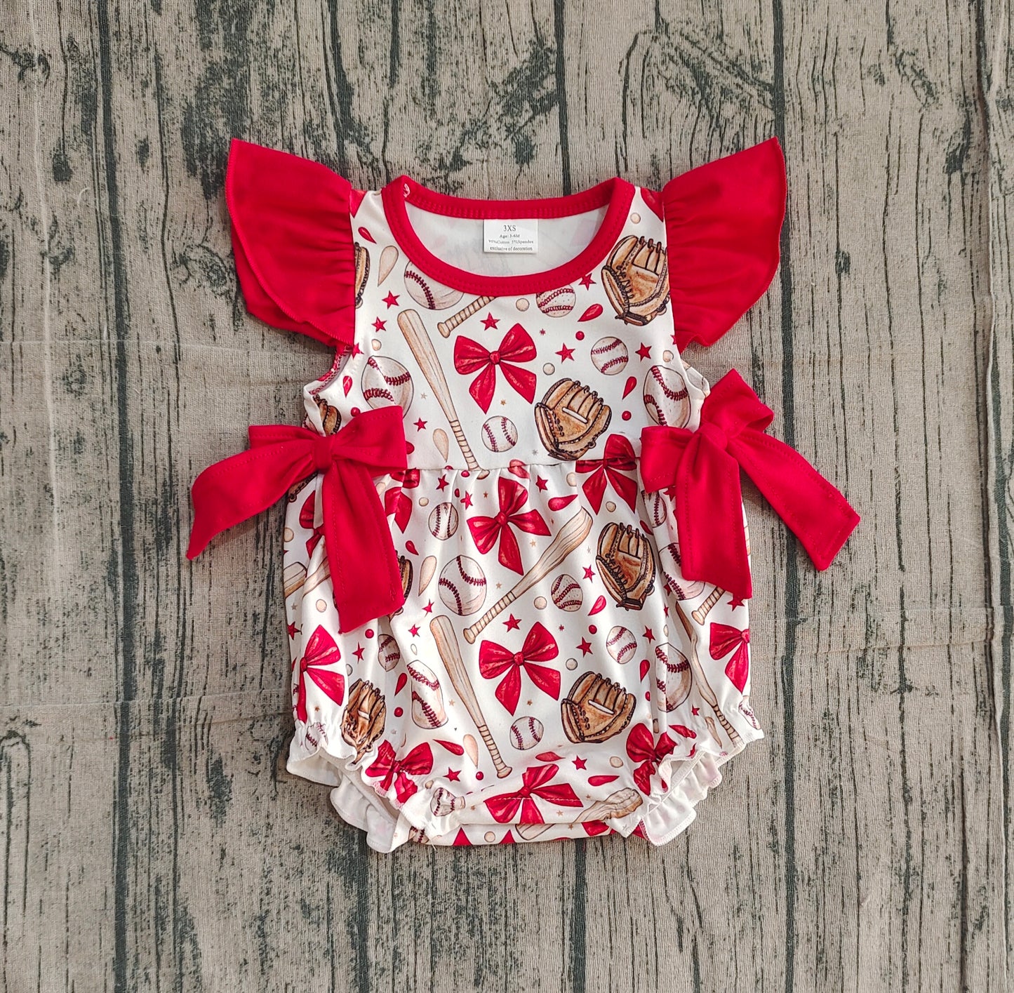Flutter sleeves red bow baseball baby girls romper