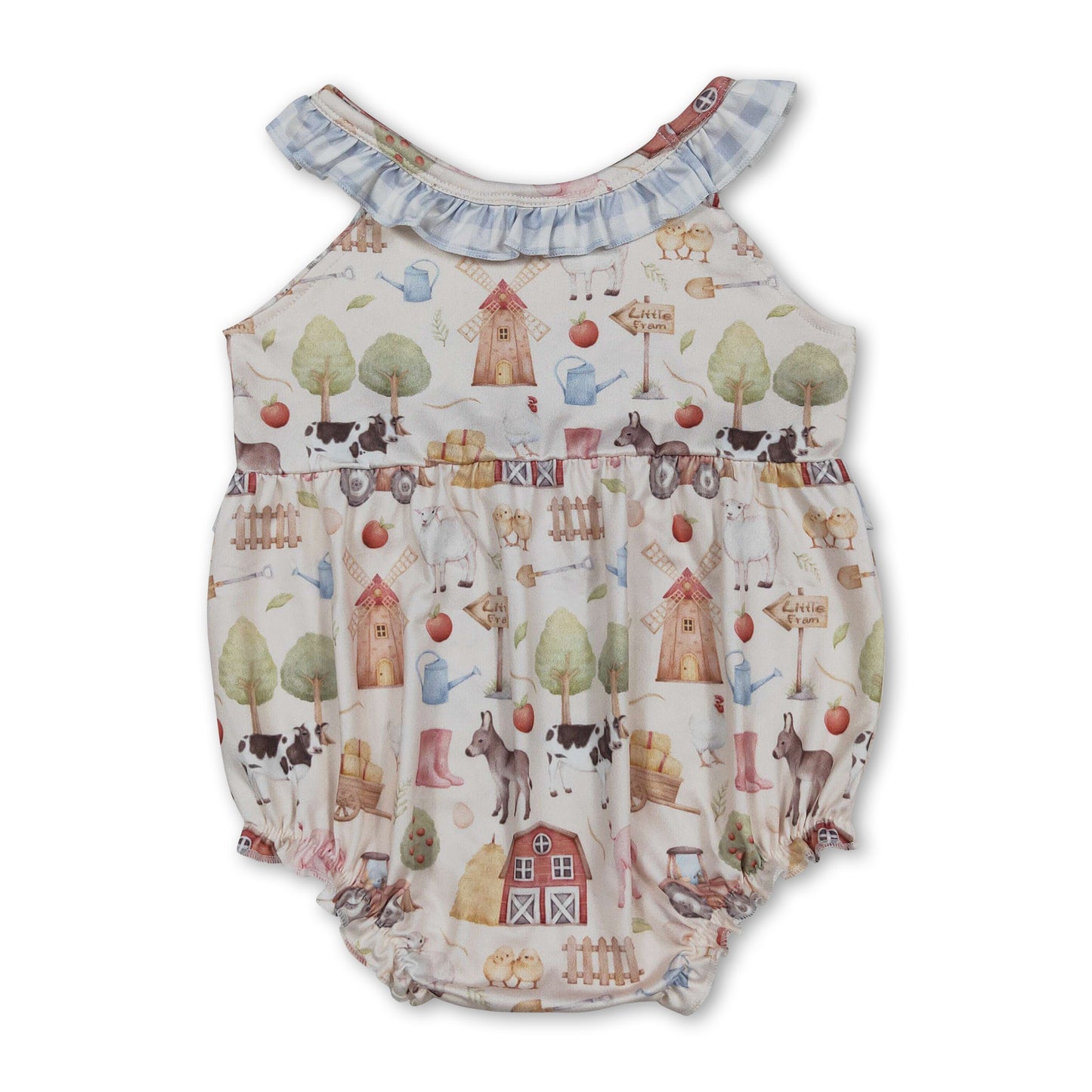 Sleeveless plaid ruffle farm baby girls romper