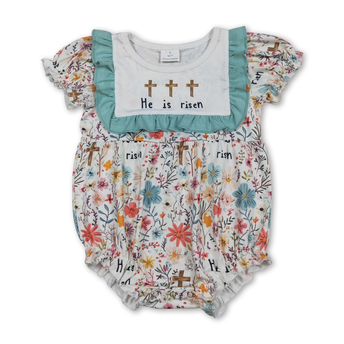 He is risen cross ruffle floral baby girls Easter romper