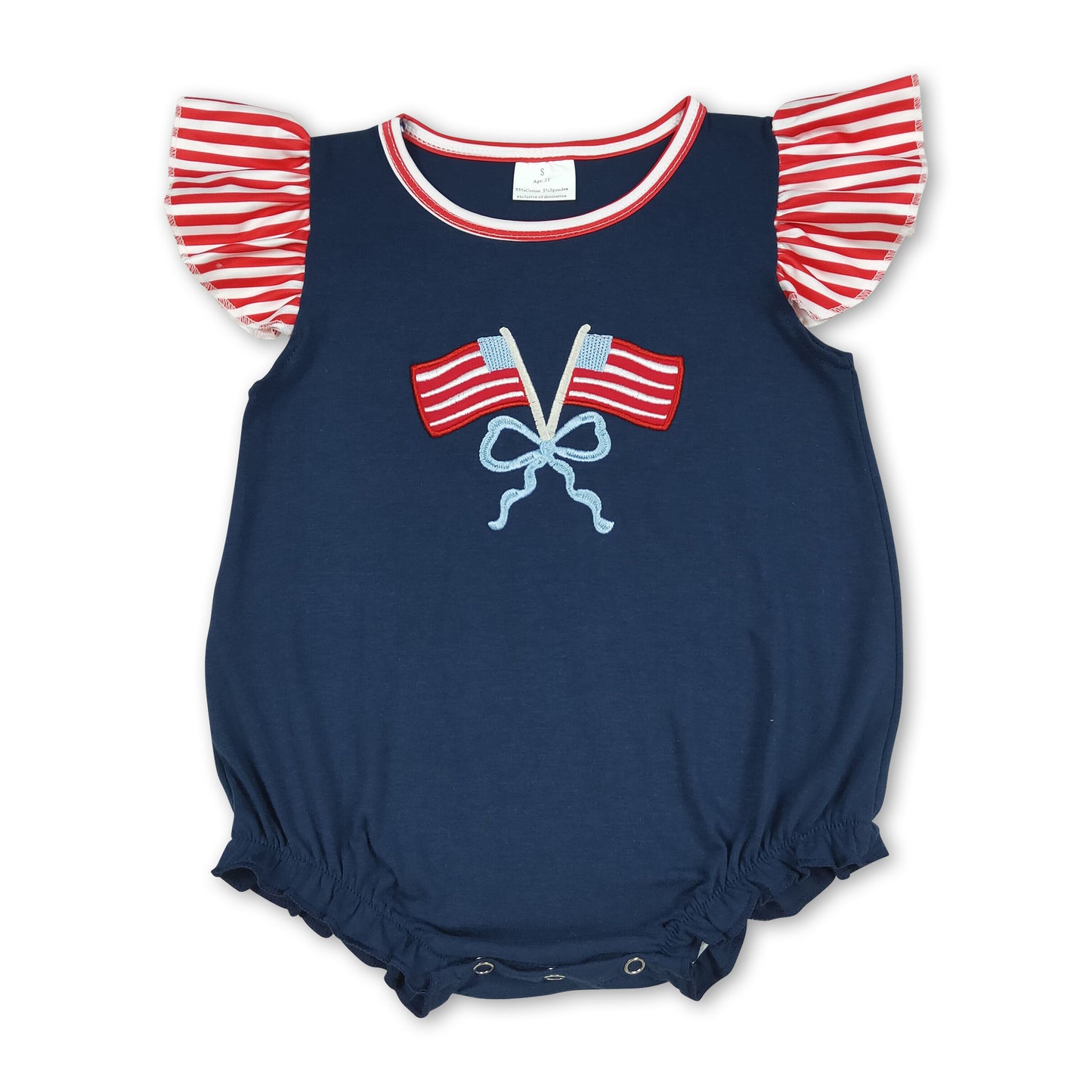 Flutter sleeves flag bow embroidery baby 4th of july romper
