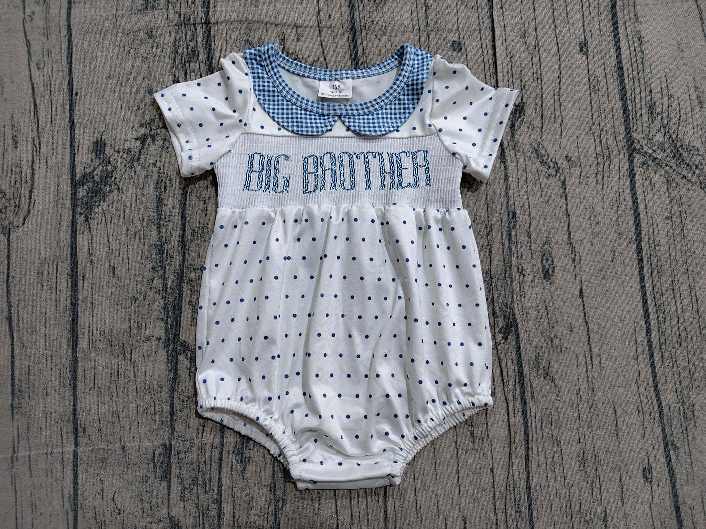 Short sleeves polka dots big brother smocked baby boy romper