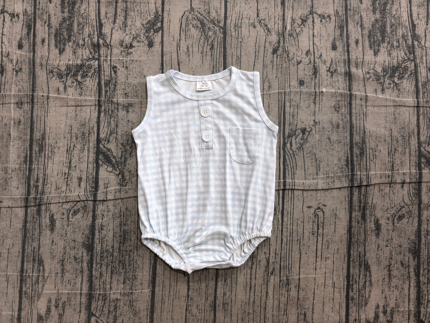 Sleeveless light blue plaid baby boy summer romper