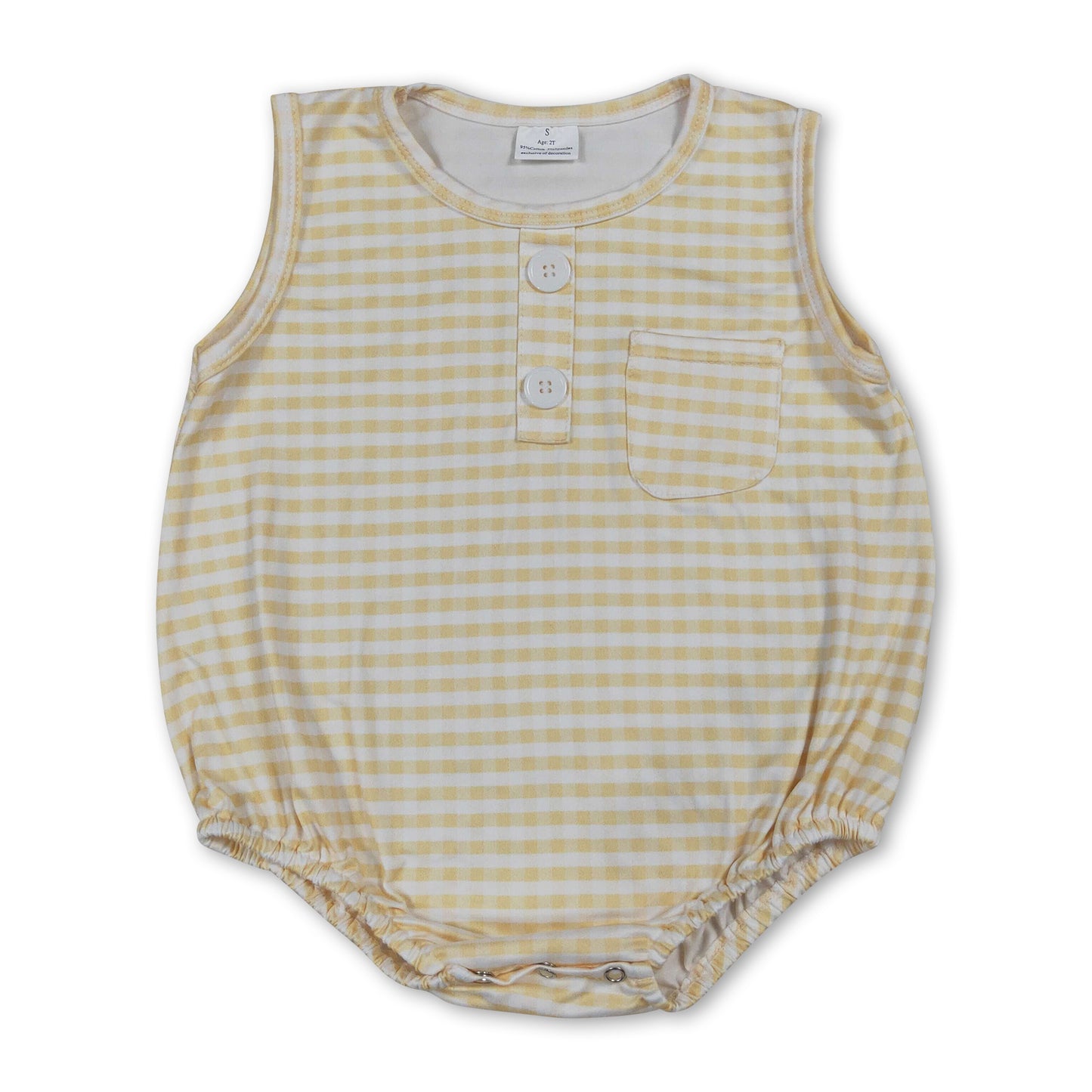Sleeveless yellow plaid pocket baby boy summer romper