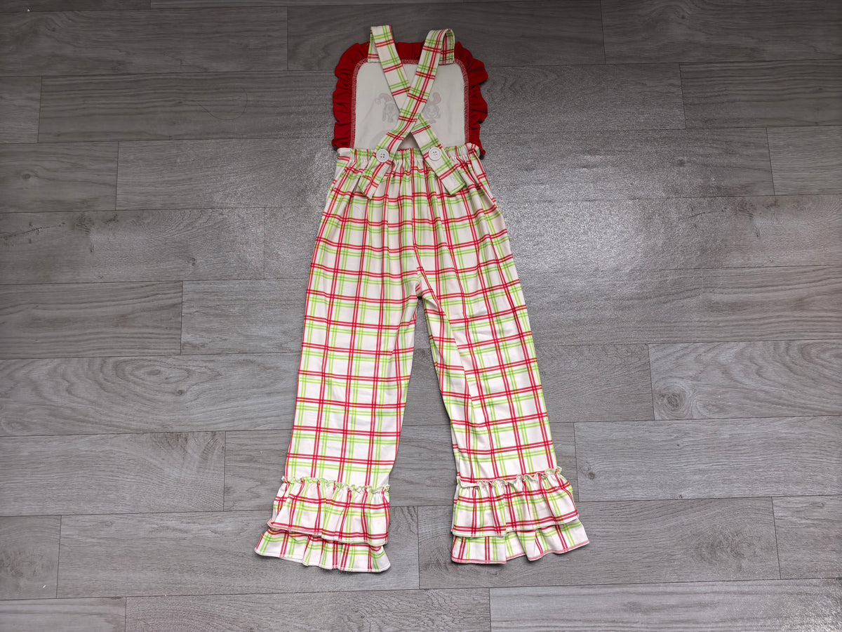Straps ruffle green face plaid girls Christmas overalls