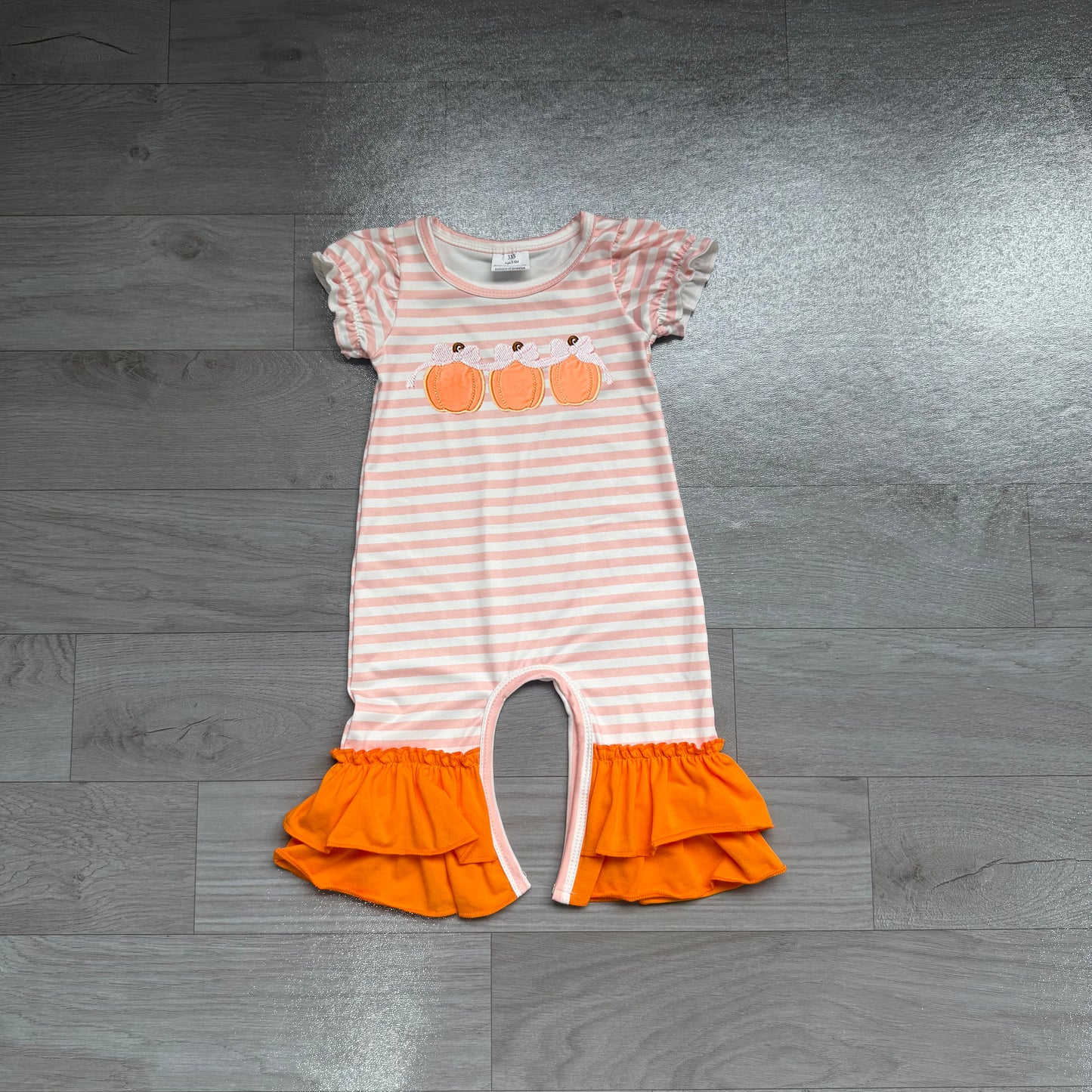 Orange stripe pumpkin bow embroidery girls fall romper