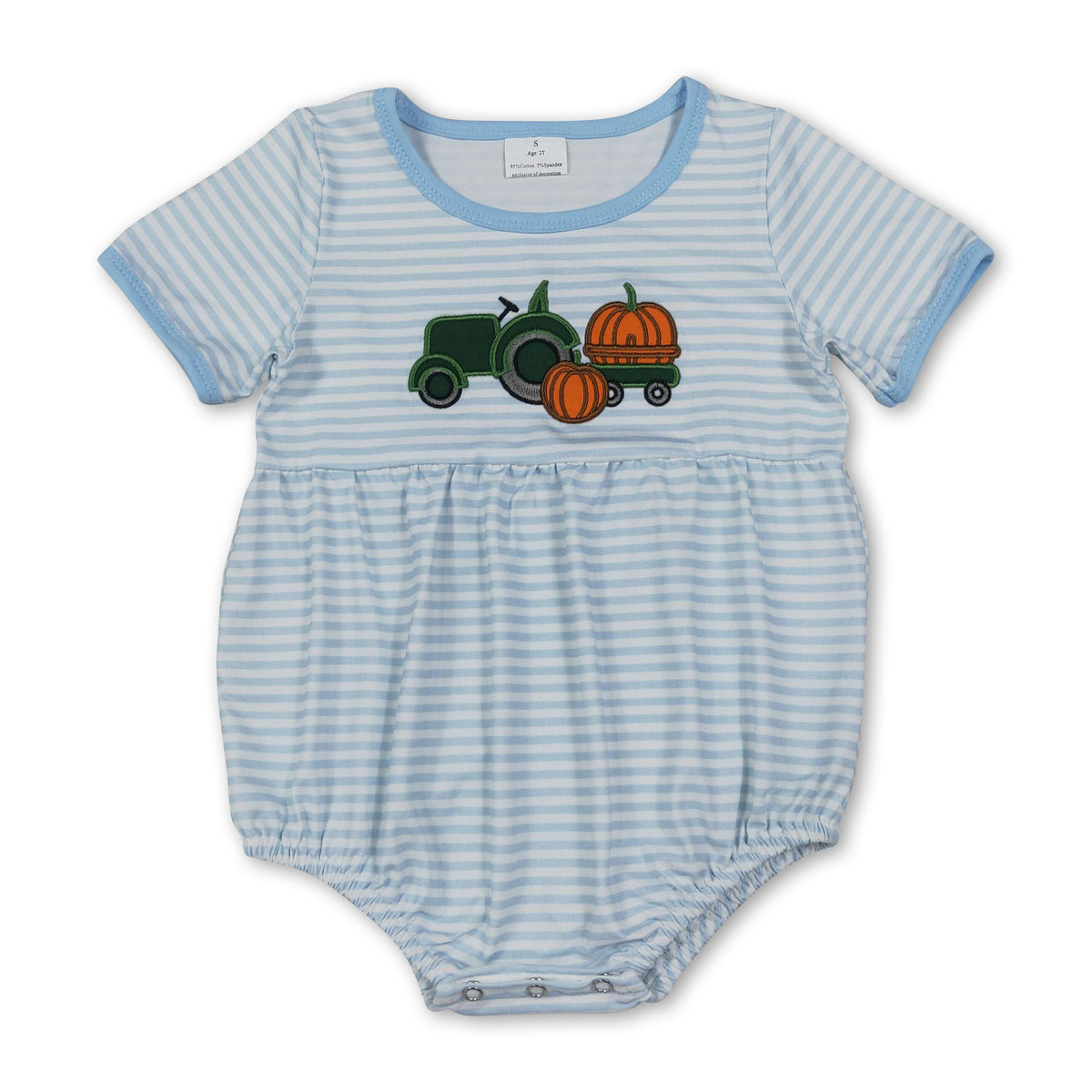 Stripe pumpkin tractor embroidery boy fall romper