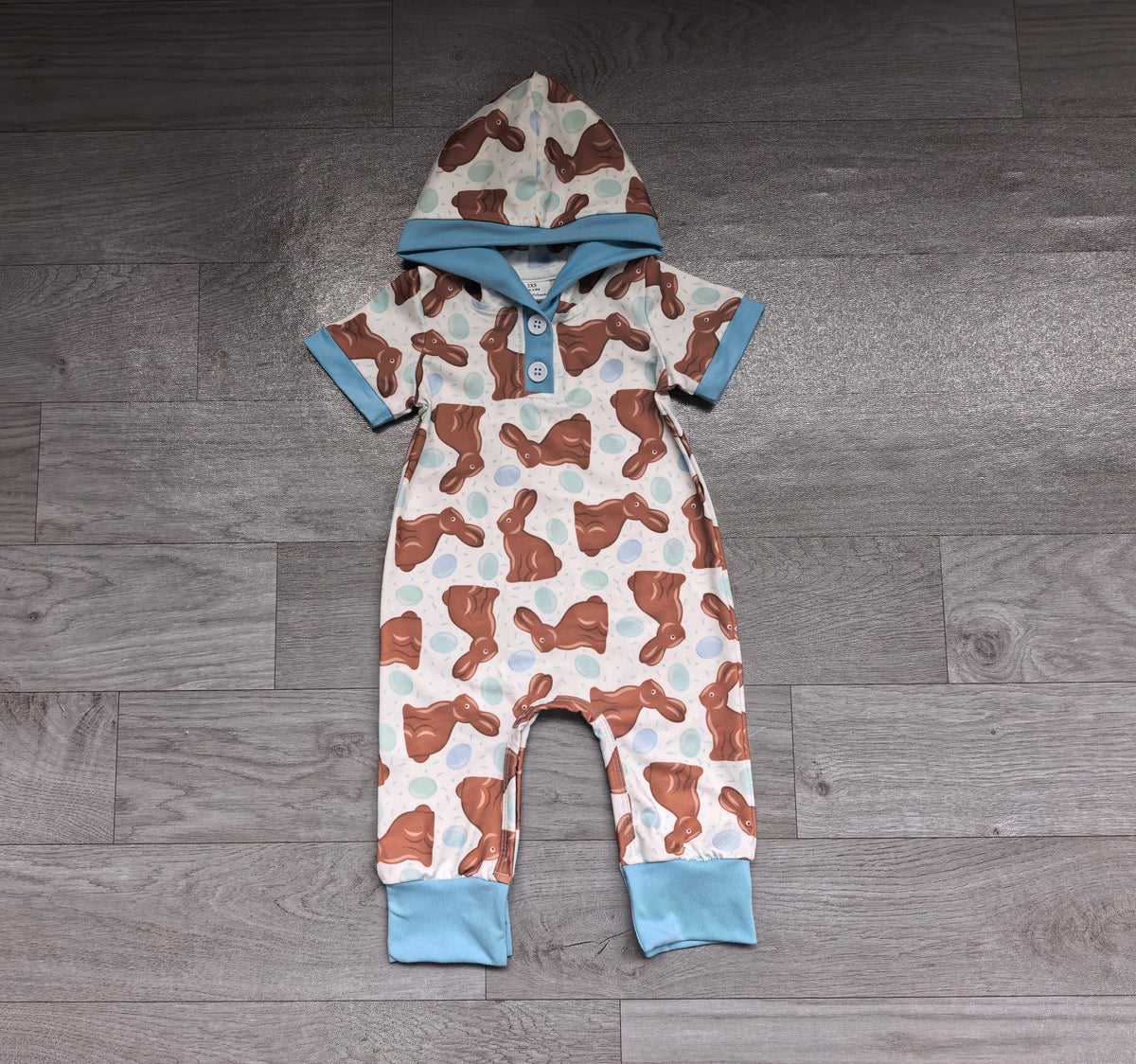 Short sleeves egg rabbit boy hooded Easter romper