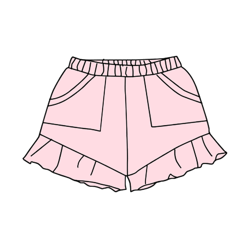 Light pink ruffle pockets kids girls summer cotton shorts