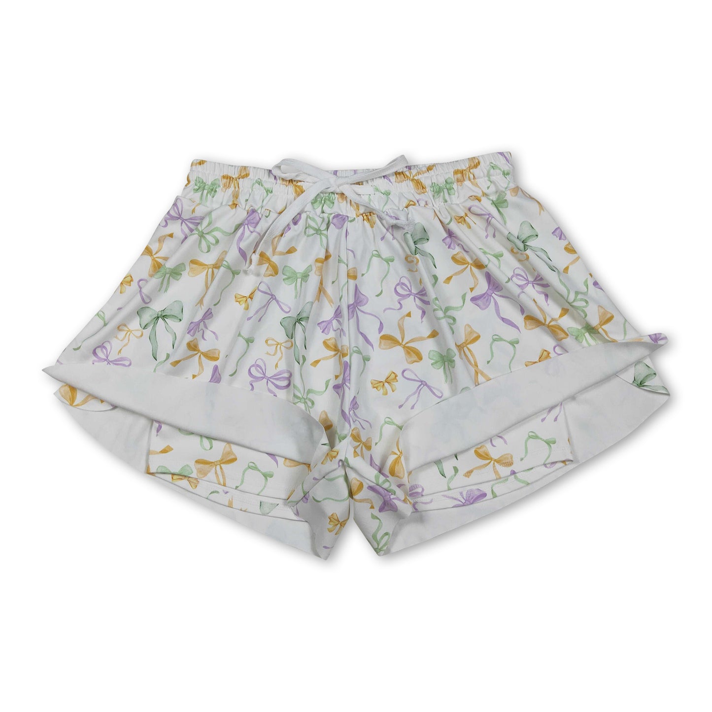 Purple green yellow bows adult women Mardi Gras shorts